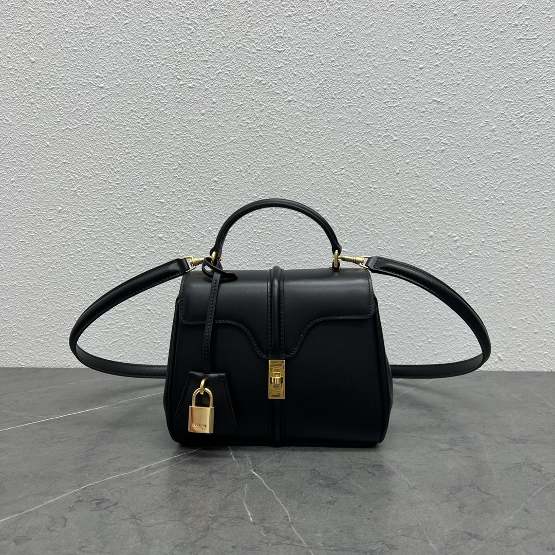 Celine Mini 16 Satinated Calfskin Handbag Shoulder Bag Black 197983